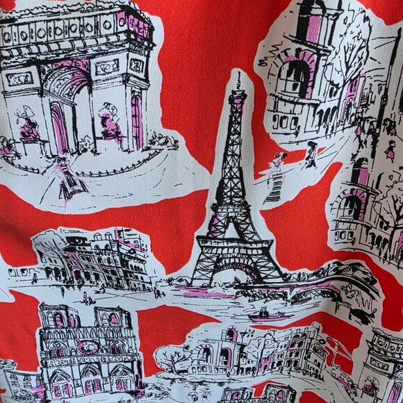 Karl Lagerfeld Blouse Button Shirt Paris Landmarks Short Puff Sleeve Size L NEW - Picture 8 of 11